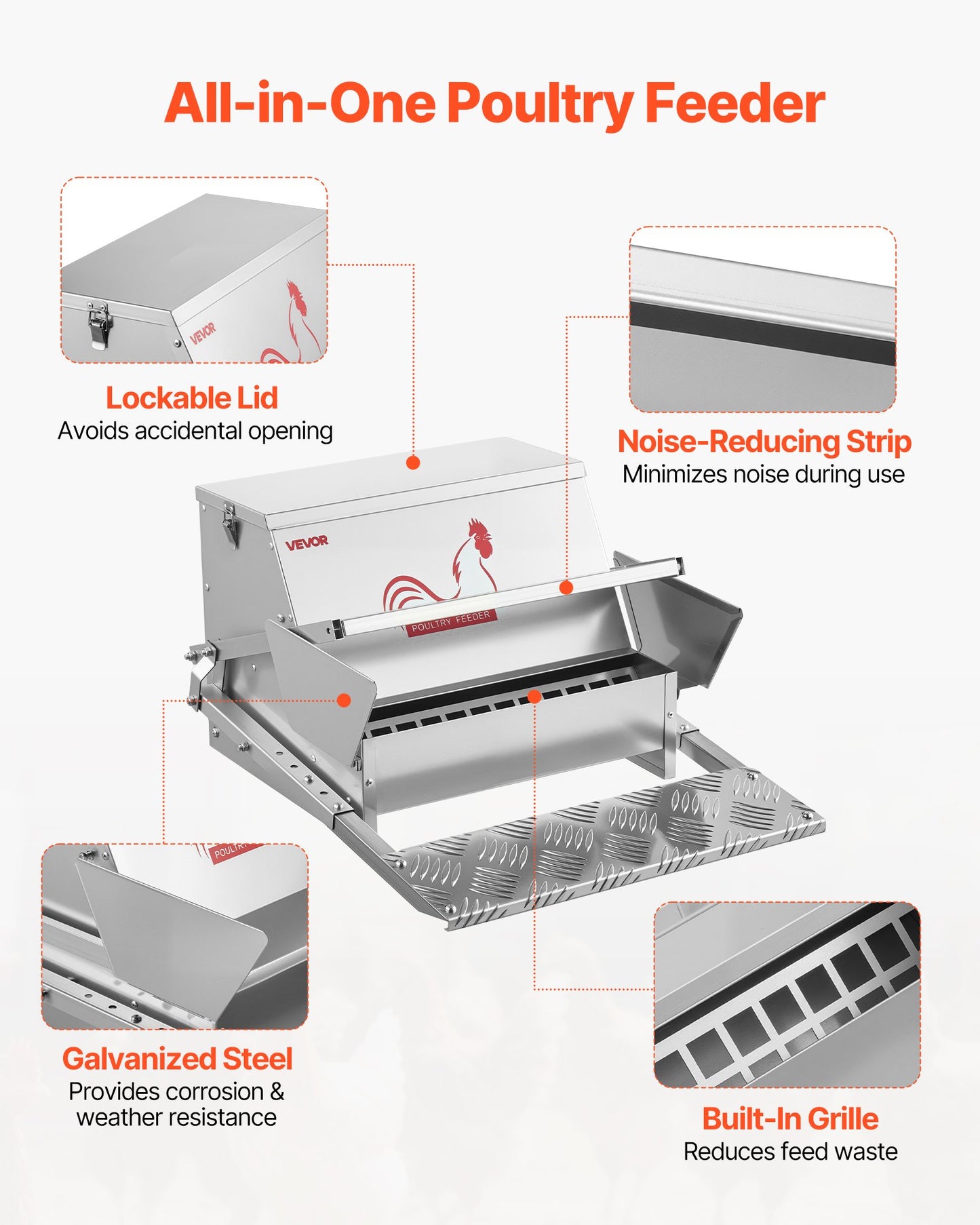 Automatic Chicken Feeder, 11.34 kg Capacity, Rainproof Treadle Poultry Feeder with Lockable Lid, No Waste, Galvanized Steel Construction, Outdoor Use, for Chicken, Bantams, Poultry, Pheasants