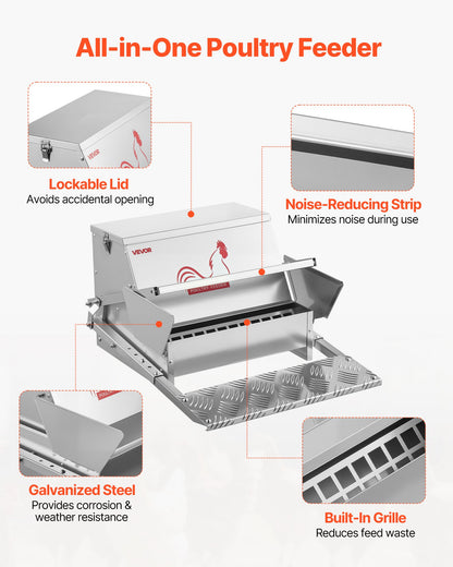 Automatic Chicken Feeder, 11.34 kg Capacity, Rainproof Treadle Poultry Feeder with Lockable Lid, No Waste, Galvanized Steel Construction, Outdoor Use, for Chicken, Bantams, Poultry, Pheasants