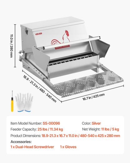 Automatic Chicken Feeder, 11.34 kg Capacity, Rainproof Treadle Poultry Feeder with Lockable Lid, No Waste, Galvanized Steel Construction, Outdoor Use, for Chicken, Bantams, Poultry, Pheasants