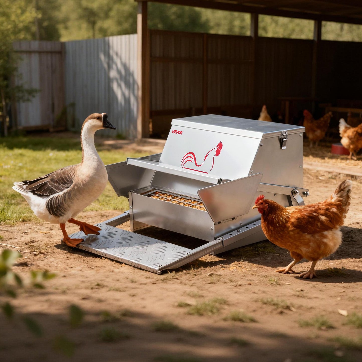 Automatic Chicken Feeder, 11.34 kg Capacity, Rainproof Treadle Poultry Feeder with Lockable Lid, No Waste, Galvanized Steel Construction, Outdoor Use, for Chicken, Bantams, Poultry, Pheasants