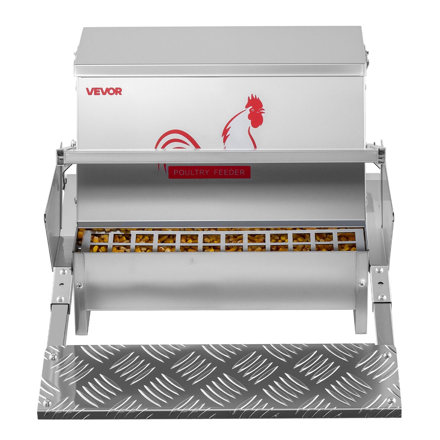 Automatic Chicken Feeder, 11.34 kg Capacity, Rainproof Treadle Poultry Feeder with Lockable Lid, No Waste, Galvanized Steel Construction, Outdoor Use, for Chicken, Bantams, Poultry, Pheasants