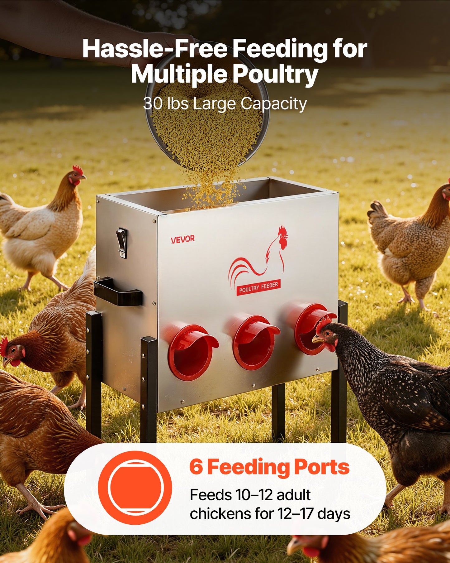 Automatic Chicken Feeder, 13.61 kg Capacity, 6 Feeding Ports No-Waste Poultry Feeder, Automatic Gravity, with Adjustable Height & Locking Lid, Metal Construction, for Chickens Bantams Pheasants