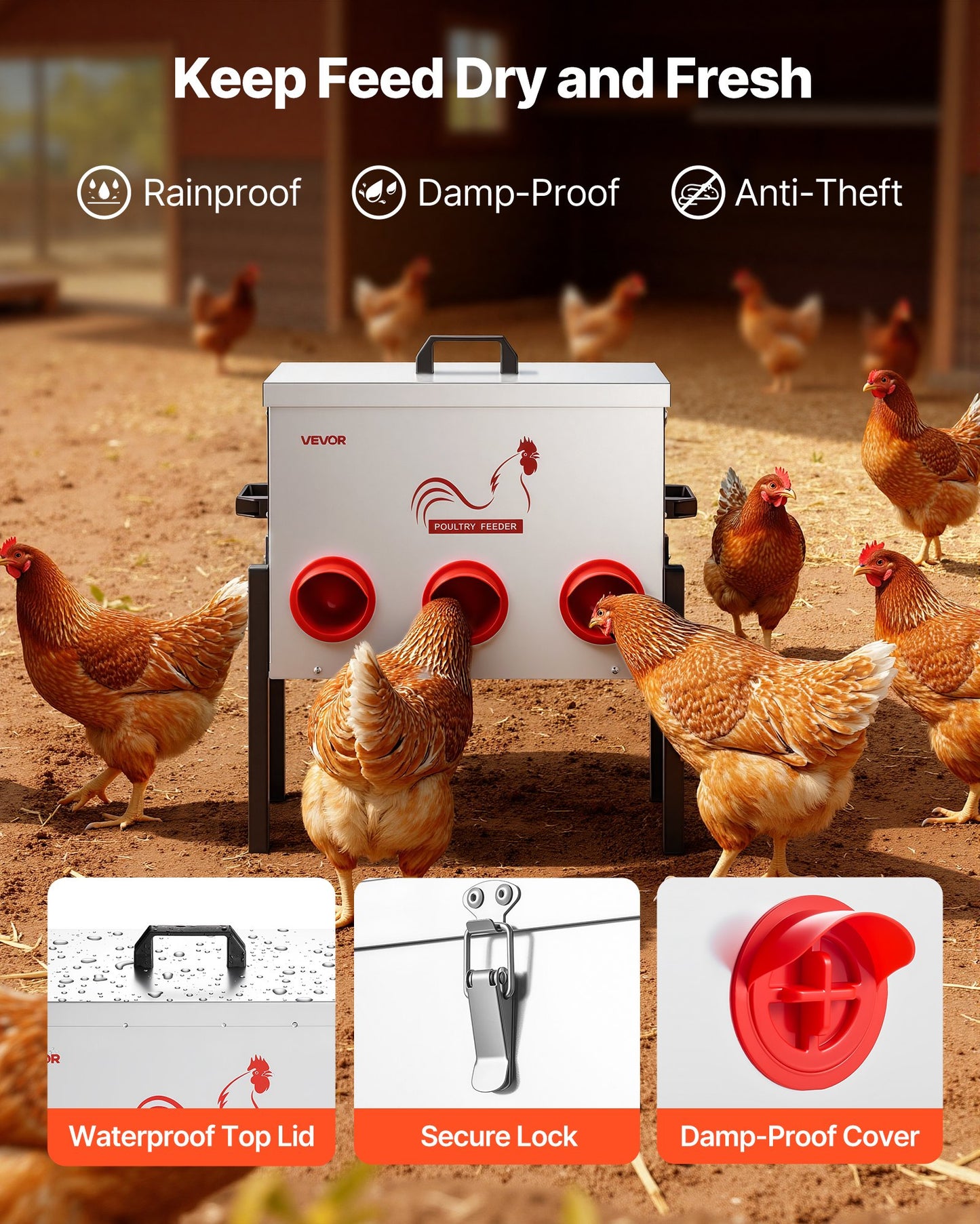 Automatic Chicken Feeder, 13.61 kg Capacity, 6 Feeding Ports No-Waste Poultry Feeder, Automatic Gravity, with Adjustable Height & Locking Lid, Metal Construction, for Chickens Bantams Pheasants