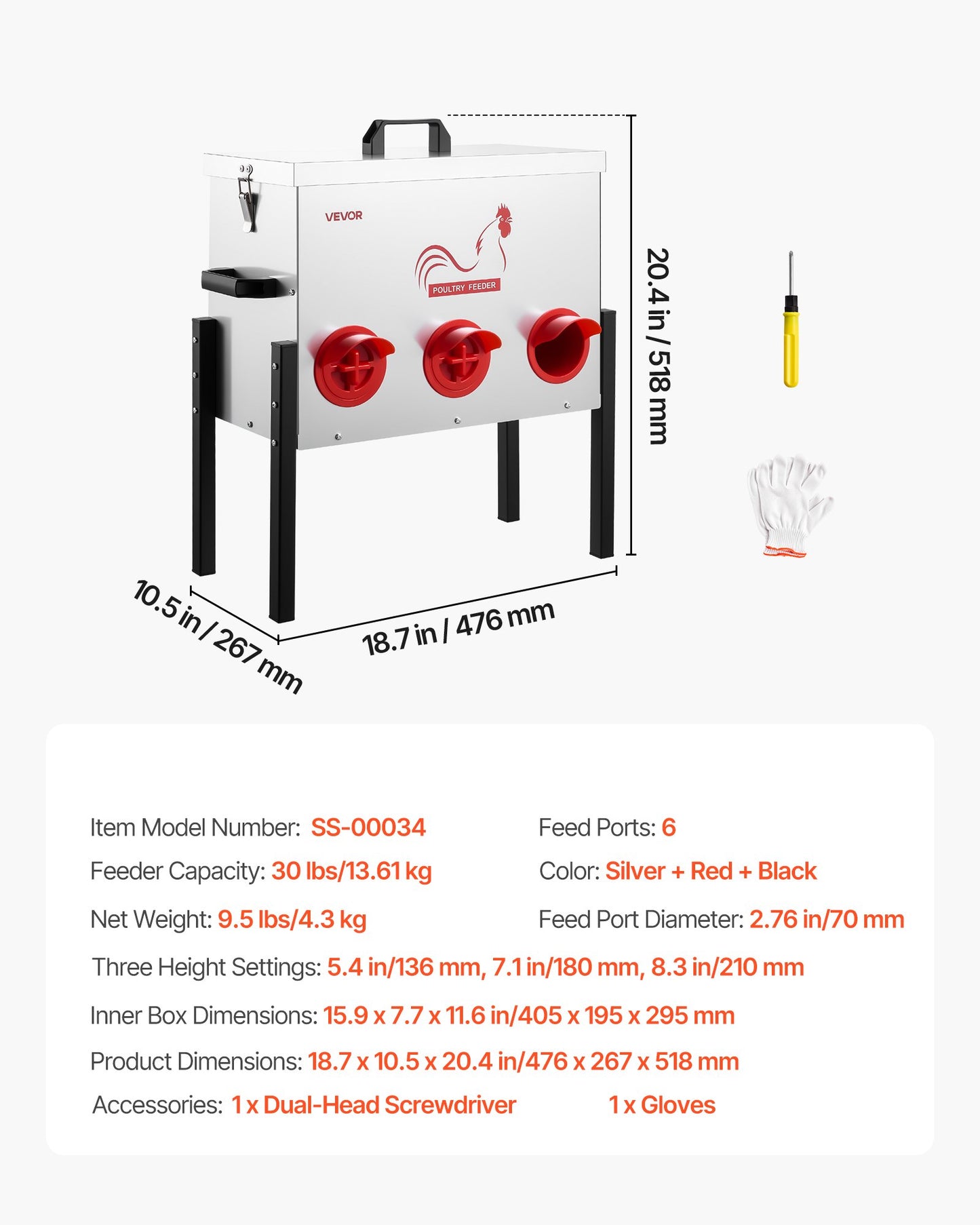 Automatic Chicken Feeder, 13.61 kg Capacity, 6 Feeding Ports No-Waste Poultry Feeder, Automatic Gravity, with Adjustable Height & Locking Lid, Metal Construction, for Chickens Bantams Pheasants