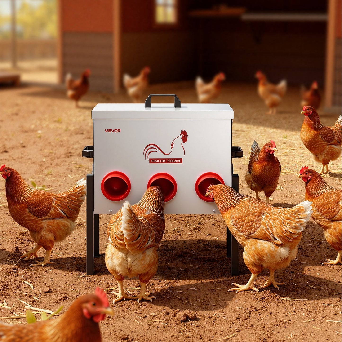Automatic Chicken Feeder, 13.61 kg Capacity, 6 Feeding Ports No-Waste Poultry Feeder, Automatic Gravity, with Adjustable Height & Locking Lid, Metal Construction, for Chickens Bantams Pheasants