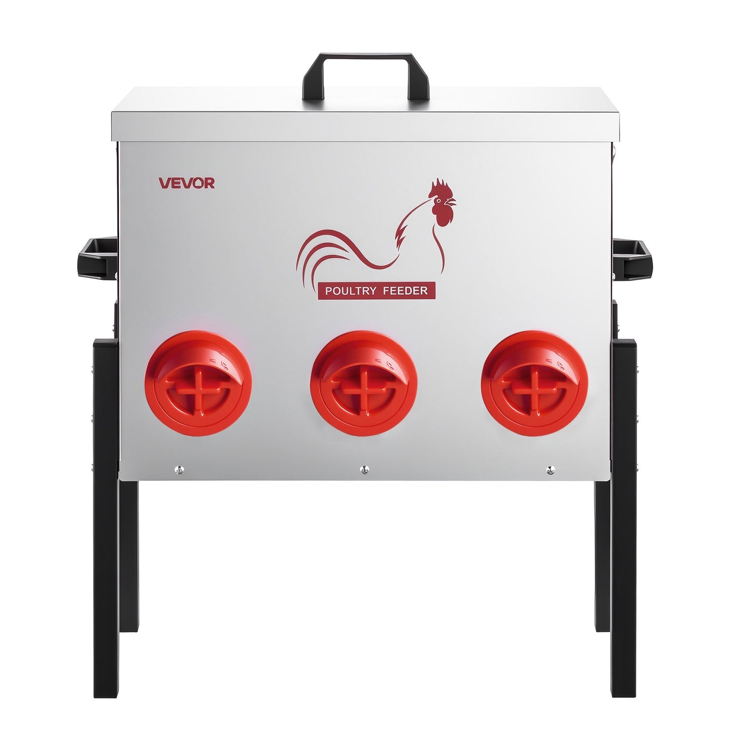 Automatic Chicken Feeder, 13.61 kg Capacity, 6 Feeding Ports No-Waste Poultry Feeder, Automatic Gravity, with Adjustable Height & Locking Lid, Metal Construction, for Chickens Bantams Pheasants