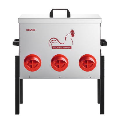 Automatic Chicken Feeder, 13.61 kg Capacity, 6 Feeding Ports No-Waste Poultry Feeder, Automatic Gravity, with Adjustable Height & Locking Lid, Metal Construction, for Chickens Bantams Pheasants