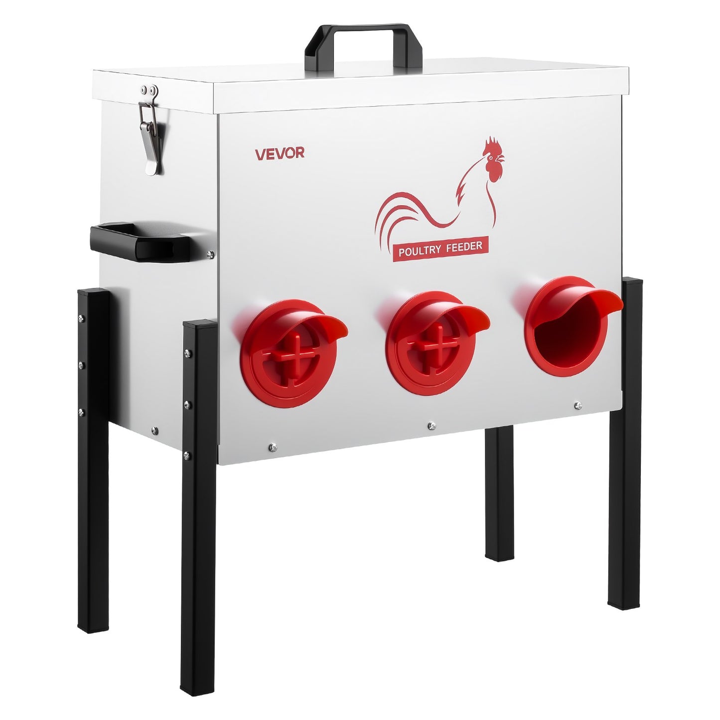 Automatic Chicken Feeder, 13.61 kg Capacity, 6 Feeding Ports No-Waste Poultry Feeder, Automatic Gravity, with Adjustable Height & Locking Lid, Metal Construction, for Chickens Bantams Pheasants