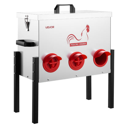 Automatic Chicken Feeder, 13.61 kg Capacity, 6 Feeding Ports No-Waste Poultry Feeder, Automatic Gravity, with Adjustable Height & Locking Lid, Metal Construction, for Chickens Bantams Pheasants