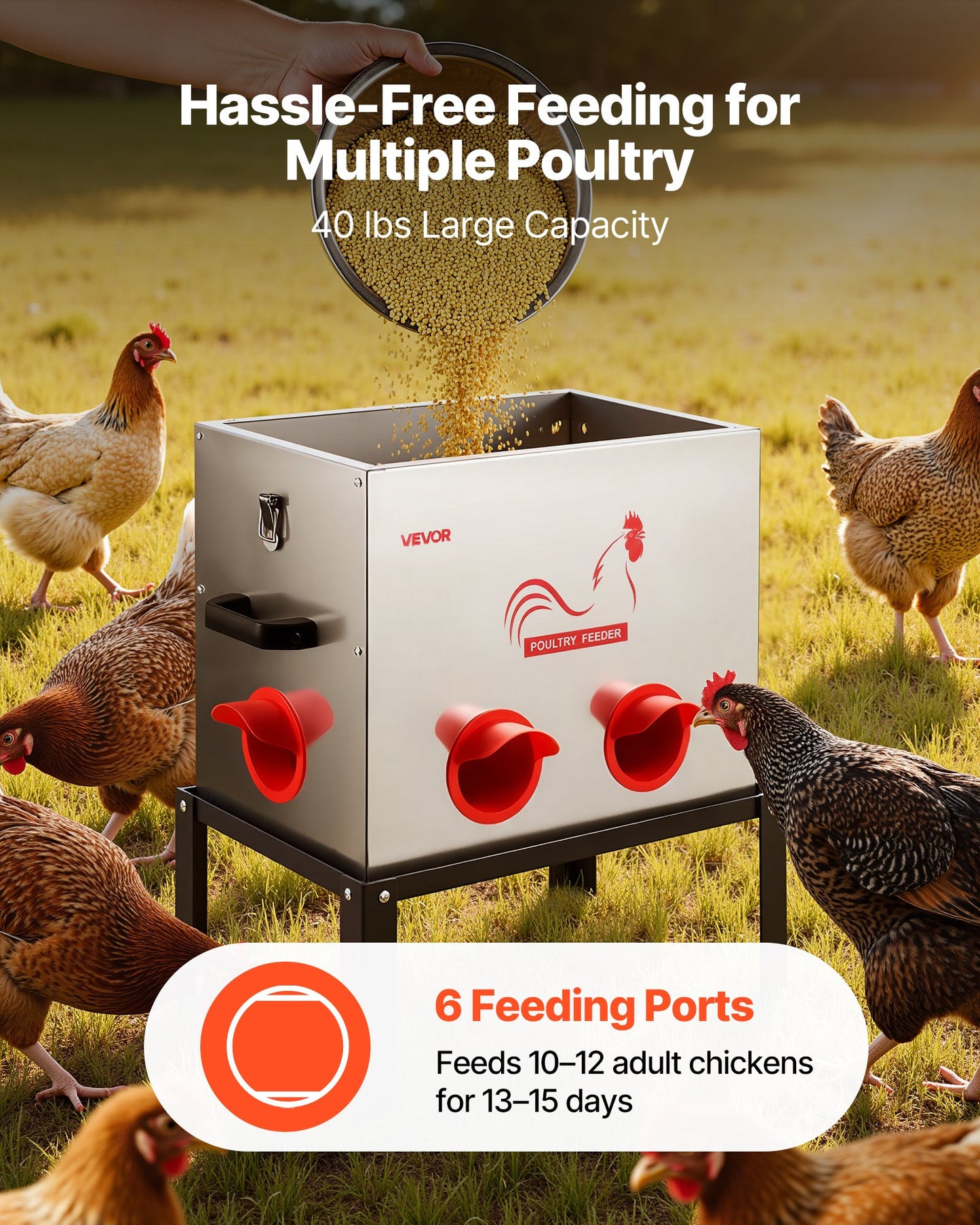 Automatic Chicken Feeder, 18.14 kg Capacity, 6 Feeding Ports No-Waste Poultry Feeder with Built-In Divider, with Latch & Handle, Metal Construction, for Chickens Bantams Pheasants Poultry Coop