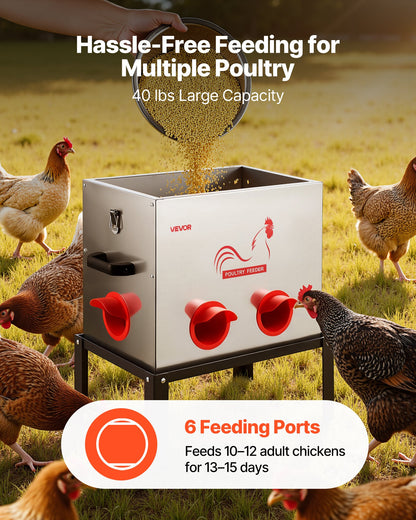 Automatic Chicken Feeder, 18.14 kg Capacity, 6 Feeding Ports No-Waste Poultry Feeder with Built-In Divider, with Latch & Handle, Metal Construction, for Chickens Bantams Pheasants Poultry Coop