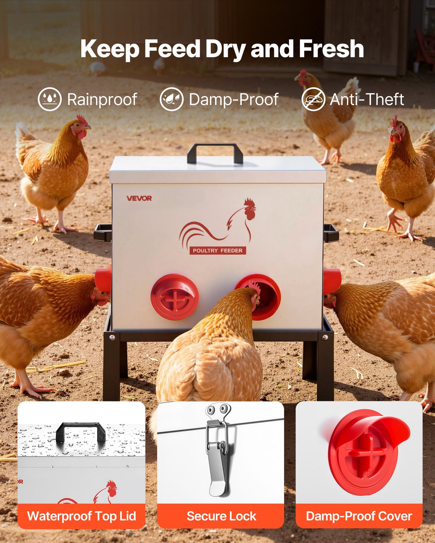 Automatic Chicken Feeder, 18.14 kg Capacity, 6 Feeding Ports No-Waste Poultry Feeder with Built-In Divider, with Latch & Handle, Metal Construction, for Chickens Bantams Pheasants Poultry Coop