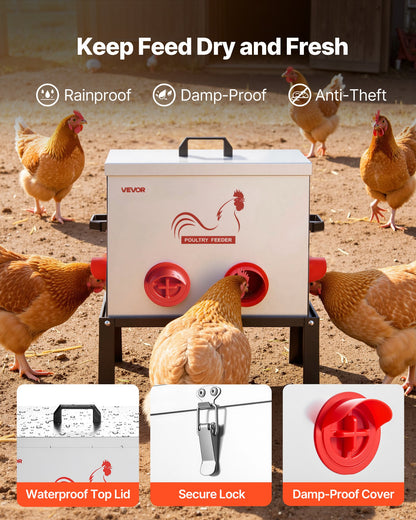 Automatic Chicken Feeder, 18.14 kg Capacity, 6 Feeding Ports No-Waste Poultry Feeder with Built-In Divider, with Latch & Handle, Metal Construction, for Chickens Bantams Pheasants Poultry Coop