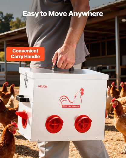 Automatic Chicken Feeder, 18.14 kg Capacity, 6 Feeding Ports No-Waste Poultry Feeder with Built-In Divider, with Latch & Handle, Metal Construction, for Chickens Bantams Pheasants Poultry Coop