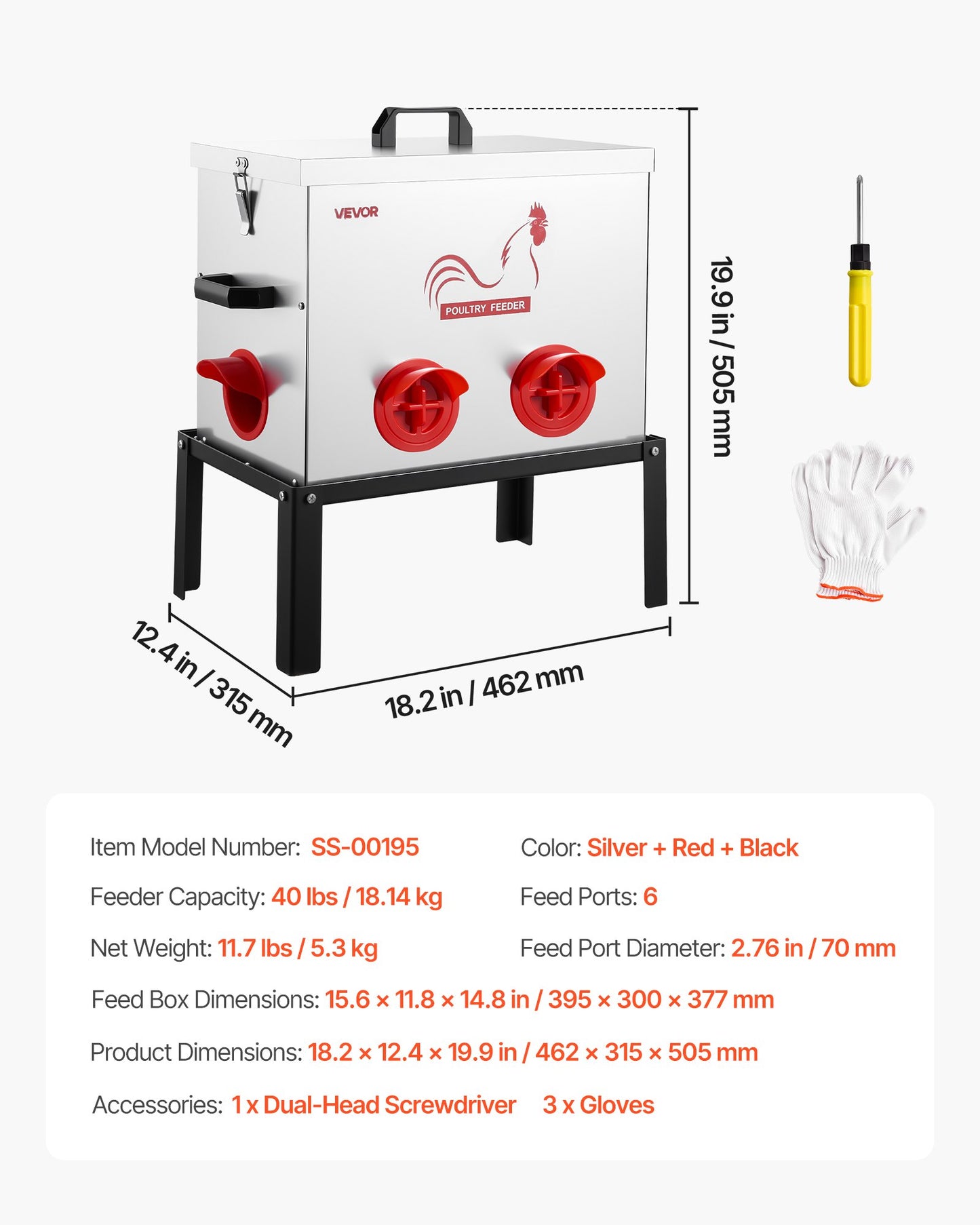 Automatic Chicken Feeder, 18.14 kg Capacity, 6 Feeding Ports No-Waste Poultry Feeder with Built-In Divider, with Latch & Handle, Metal Construction, for Chickens Bantams Pheasants Poultry Coop