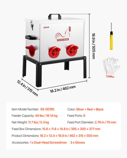 Automatic Chicken Feeder, 18.14 kg Capacity, 6 Feeding Ports No-Waste Poultry Feeder with Built-In Divider, with Latch & Handle, Metal Construction, for Chickens Bantams Pheasants Poultry Coop