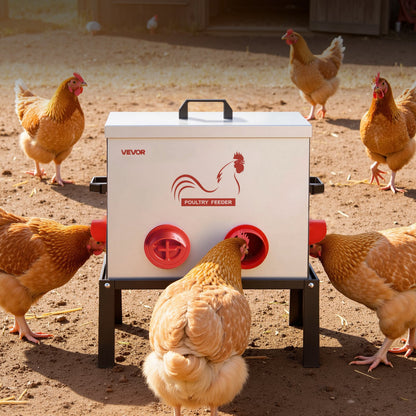 Automatic Chicken Feeder, 18.14 kg Capacity, 6 Feeding Ports No-Waste Poultry Feeder with Built-In Divider, with Latch & Handle, Metal Construction, for Chickens Bantams Pheasants Poultry Coop