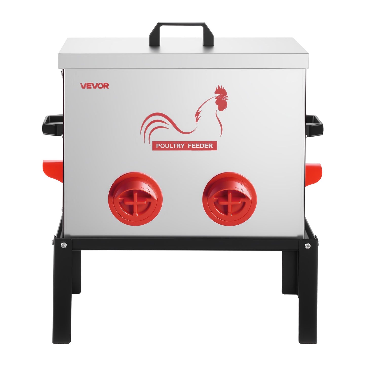 Automatic Chicken Feeder, 18.14 kg Capacity, 6 Feeding Ports No-Waste Poultry Feeder with Built-In Divider, with Latch & Handle, Metal Construction, for Chickens Bantams Pheasants Poultry Coop