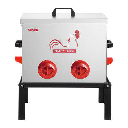 Automatic Chicken Feeder, 18.14 kg Capacity, 6 Feeding Ports No-Waste Poultry Feeder with Built-In Divider, with Latch & Handle, Metal Construction, for Chickens Bantams Pheasants Poultry Coop