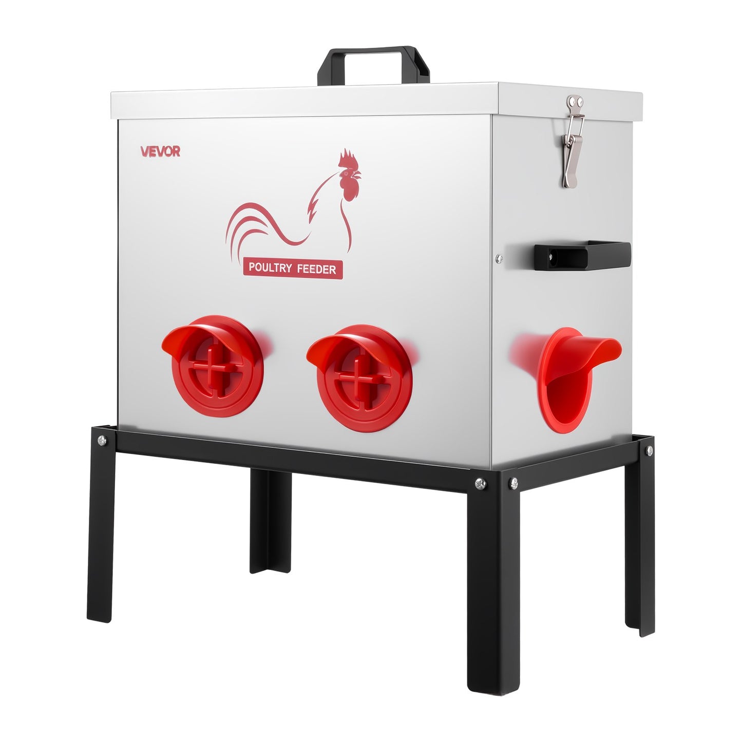 Automatic Chicken Feeder, 18.14 kg Capacity, 6 Feeding Ports No-Waste Poultry Feeder with Built-In Divider, with Latch & Handle, Metal Construction, for Chickens Bantams Pheasants Poultry Coop