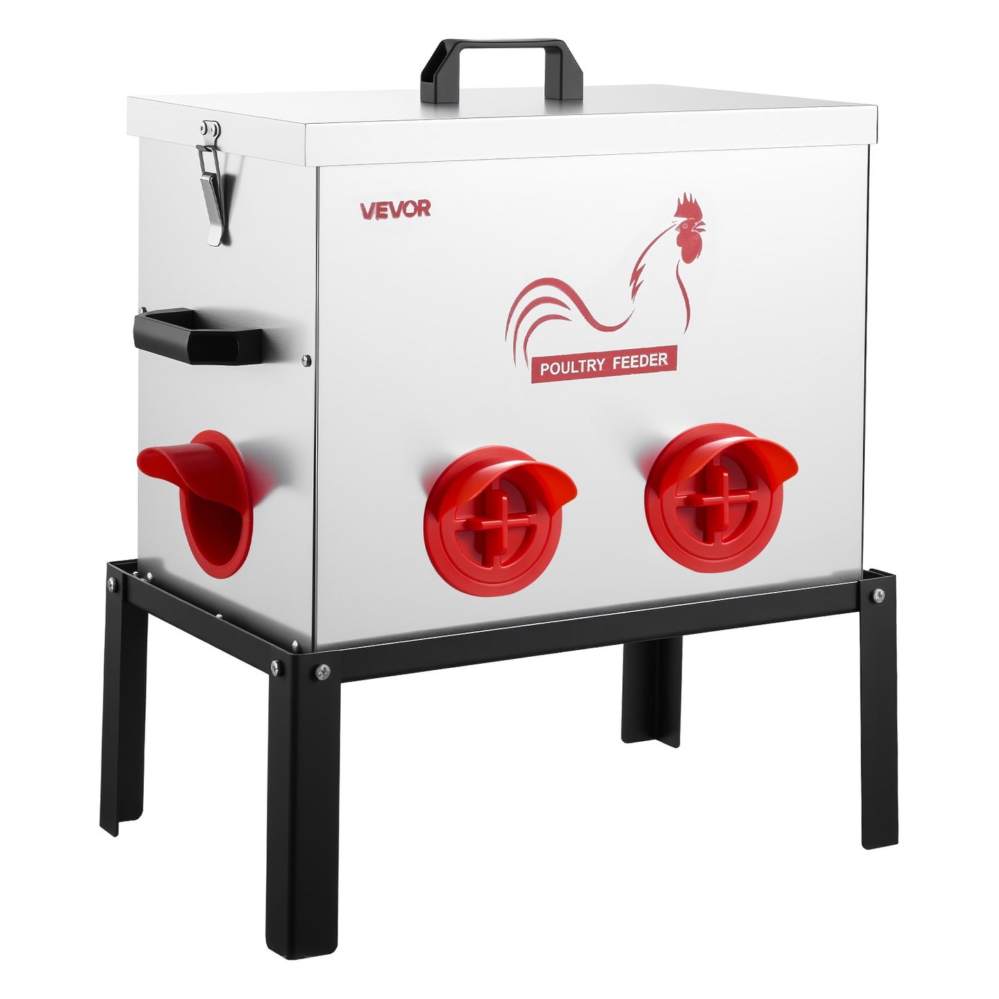 Automatic Chicken Feeder, 18.14 kg Capacity, 6 Feeding Ports No-Waste Poultry Feeder with Built-In Divider, with Latch & Handle, Metal Construction, for Chickens Bantams Pheasants Poultry Coop