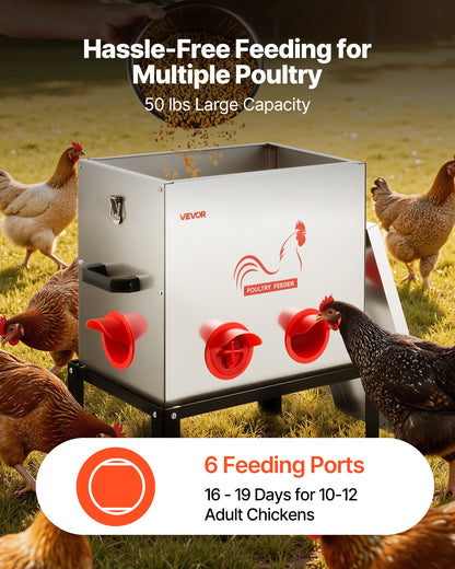 Automatic Chicken Feeder, 22.68 kg Capacity, 6 Feeding Ports No-Waste Poultry Feeder with Built-In Divider, with Latch & Handle, Metal Construction, for Chickens Bantams Pheasants Poultry Coop