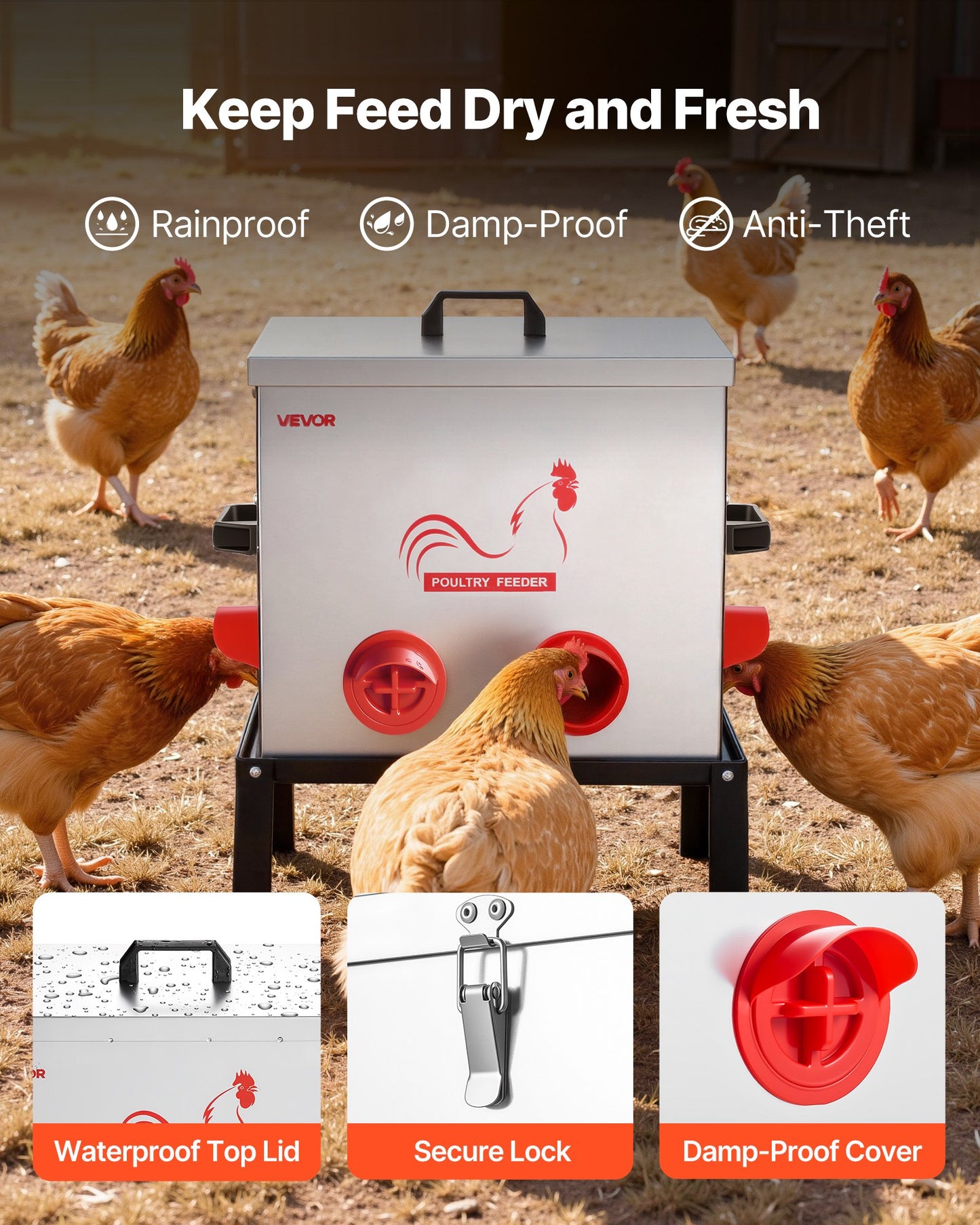 Automatic Chicken Feeder, 22.68 kg Capacity, 6 Feeding Ports No-Waste Poultry Feeder with Built-In Divider, with Latch & Handle, Metal Construction, for Chickens Bantams Pheasants Poultry Coop