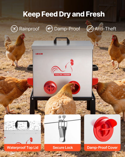 Automatic Chicken Feeder, 22.68 kg Capacity, 6 Feeding Ports No-Waste Poultry Feeder with Built-In Divider, with Latch & Handle, Metal Construction, for Chickens Bantams Pheasants Poultry Coop