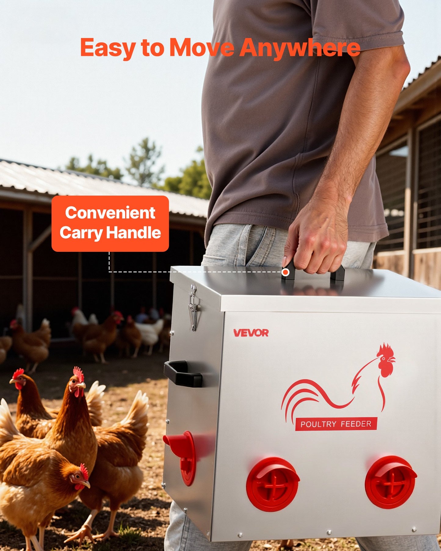 Automatic Chicken Feeder, 22.68 kg Capacity, 6 Feeding Ports No-Waste Poultry Feeder with Built-In Divider, with Latch & Handle, Metal Construction, for Chickens Bantams Pheasants Poultry Coop