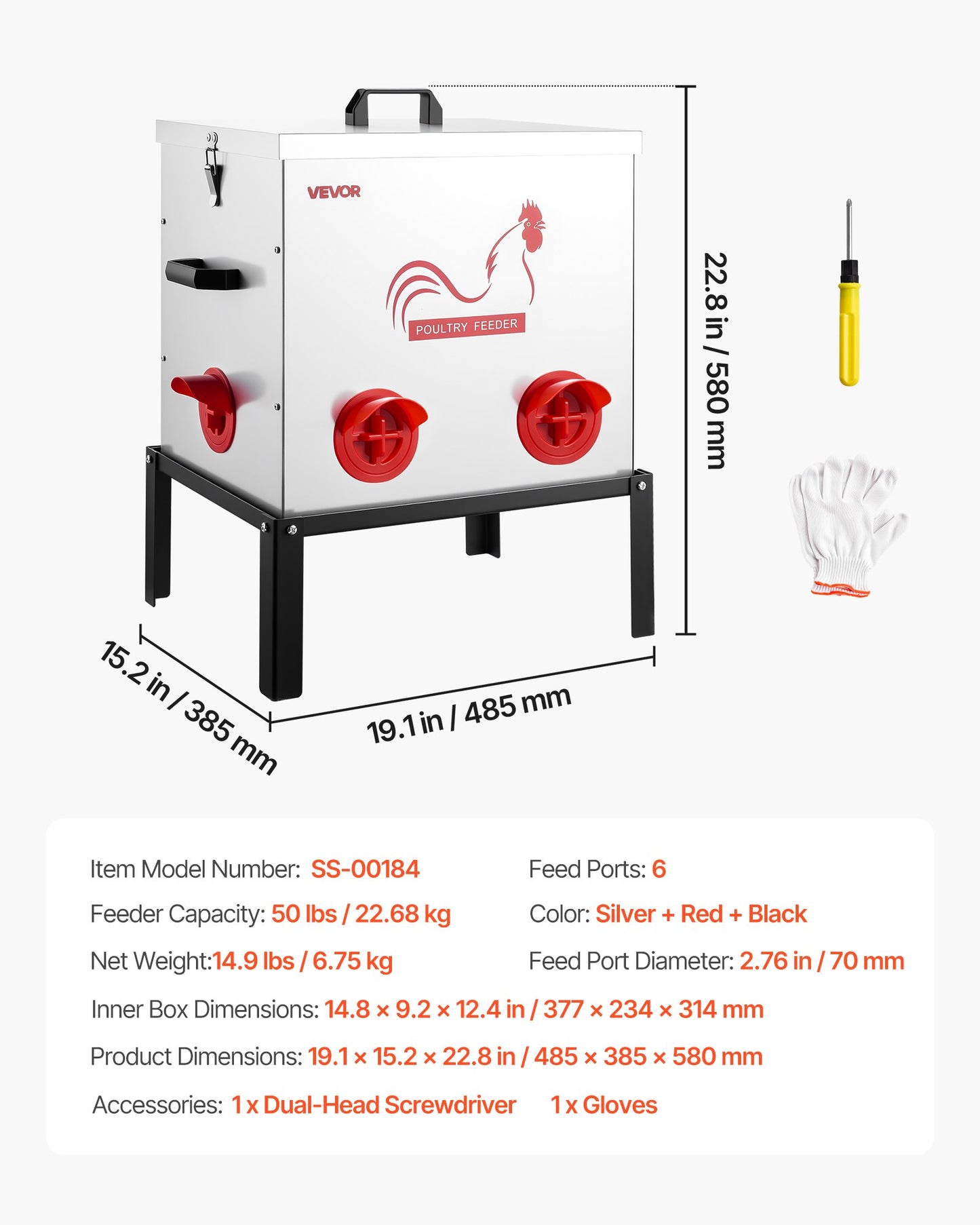 Automatic Chicken Feeder, 22.68 kg Capacity, 6 Feeding Ports No-Waste Poultry Feeder with Built-In Divider, with Latch & Handle, Metal Construction, for Chickens Bantams Pheasants Poultry Coop