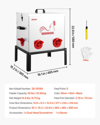 Automatic Chicken Feeder, 22.68 kg Capacity, 6 Feeding Ports No-Waste Poultry Feeder with Built-In Divider, with Latch & Handle, Metal Construction, for Chickens Bantams Pheasants Poultry Coop