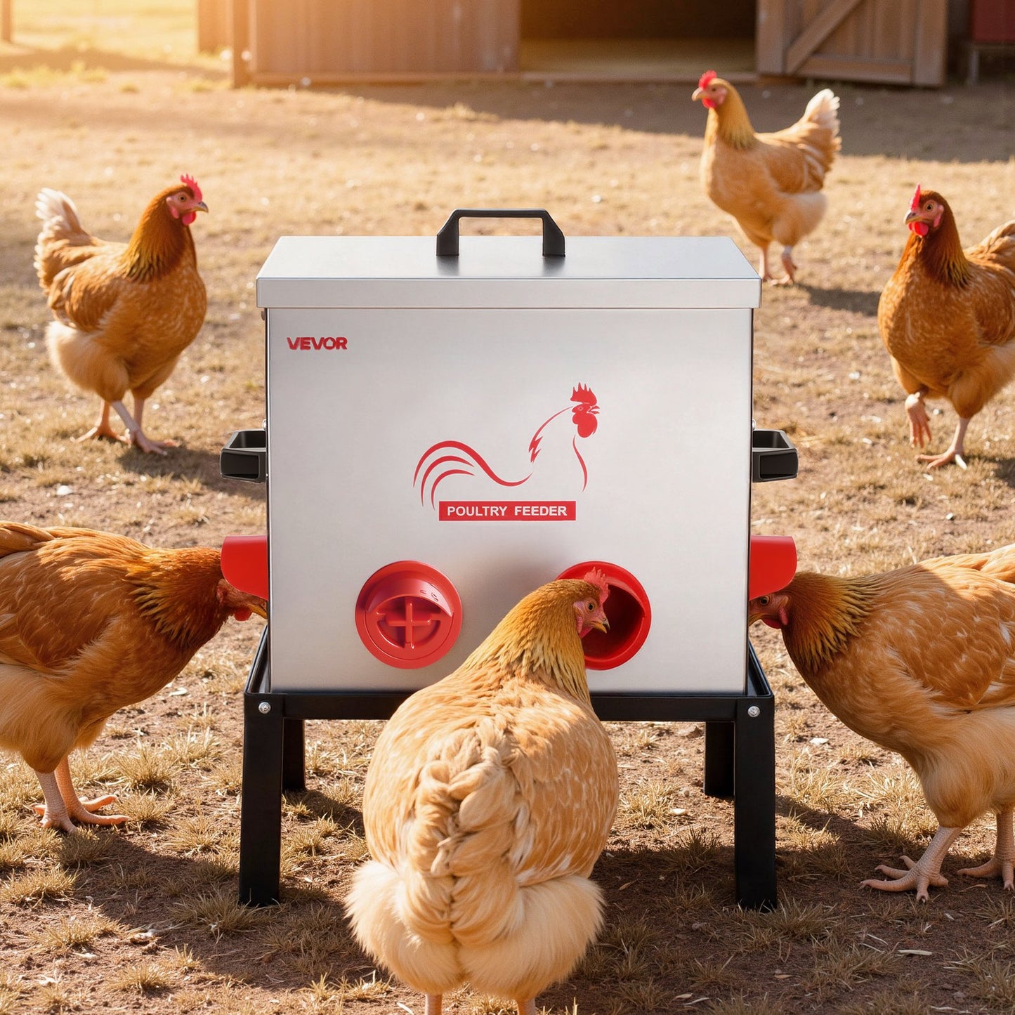 Automatic Chicken Feeder, 22.68 kg Capacity, 6 Feeding Ports No-Waste Poultry Feeder with Built-In Divider, with Latch & Handle, Metal Construction, for Chickens Bantams Pheasants Poultry Coop