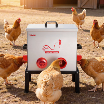 Automatic Chicken Feeder, 22.68 kg Capacity, 6 Feeding Ports No-Waste Poultry Feeder with Built-In Divider, with Latch & Handle, Metal Construction, for Chickens Bantams Pheasants Poultry Coop