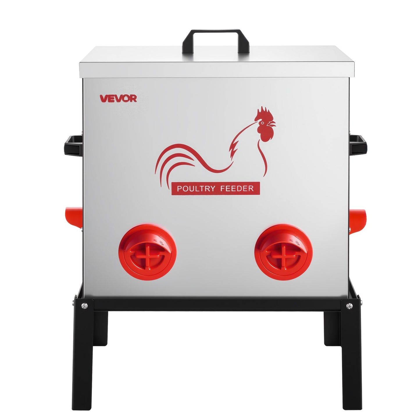 Automatic Chicken Feeder, 22.68 kg Capacity, 6 Feeding Ports No-Waste Poultry Feeder with Built-In Divider, with Latch & Handle, Metal Construction, for Chickens Bantams Pheasants Poultry Coop