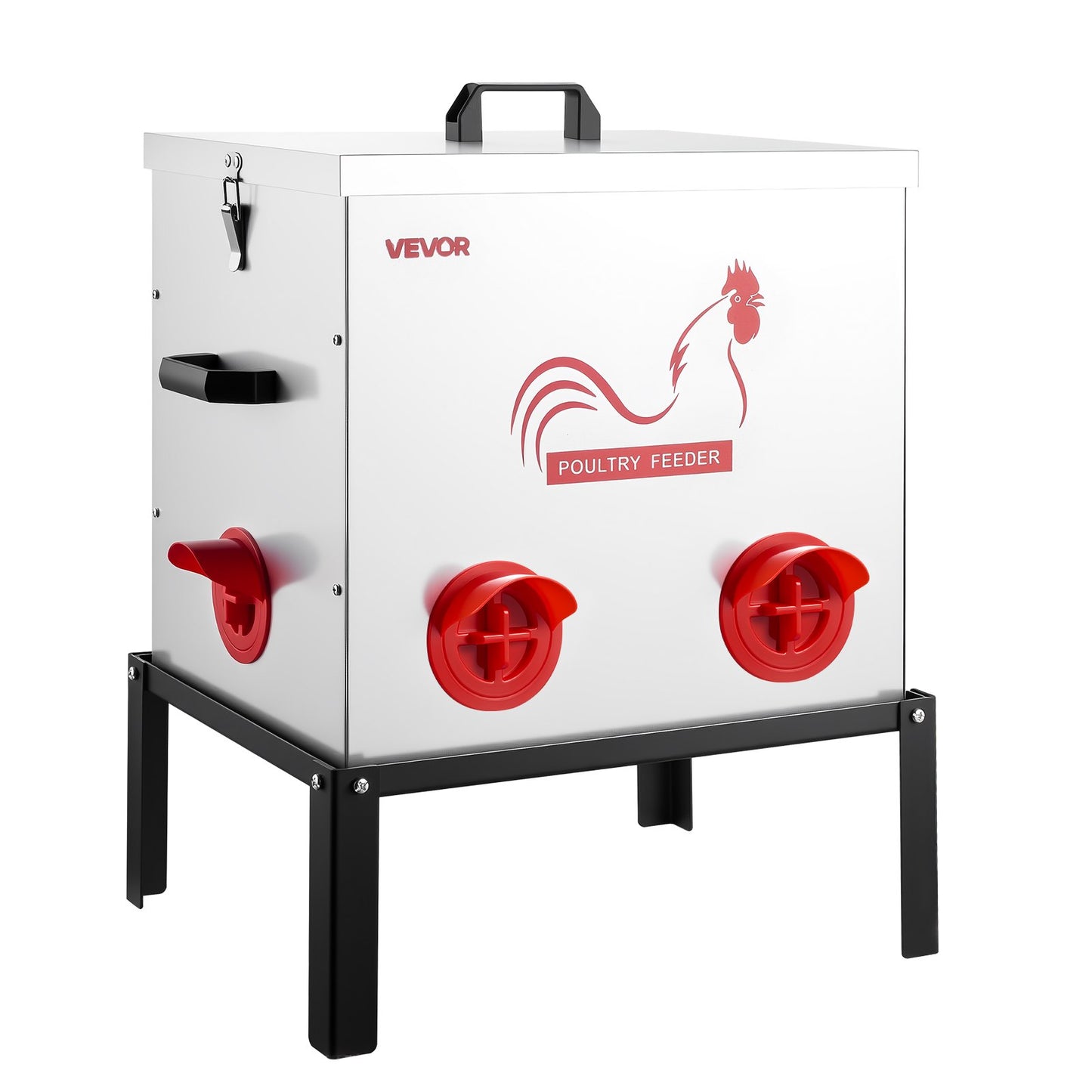 Automatic Chicken Feeder, 22.68 kg Capacity, 6 Feeding Ports No-Waste Poultry Feeder with Built-In Divider, with Latch & Handle, Metal Construction, for Chickens Bantams Pheasants Poultry Coop