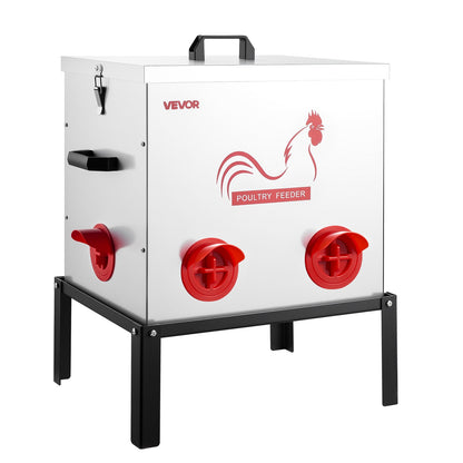 Automatic Chicken Feeder, 22.68 kg Capacity, 6 Feeding Ports No-Waste Poultry Feeder with Built-In Divider, with Latch & Handle, Metal Construction, for Chickens Bantams Pheasants Poultry Coop