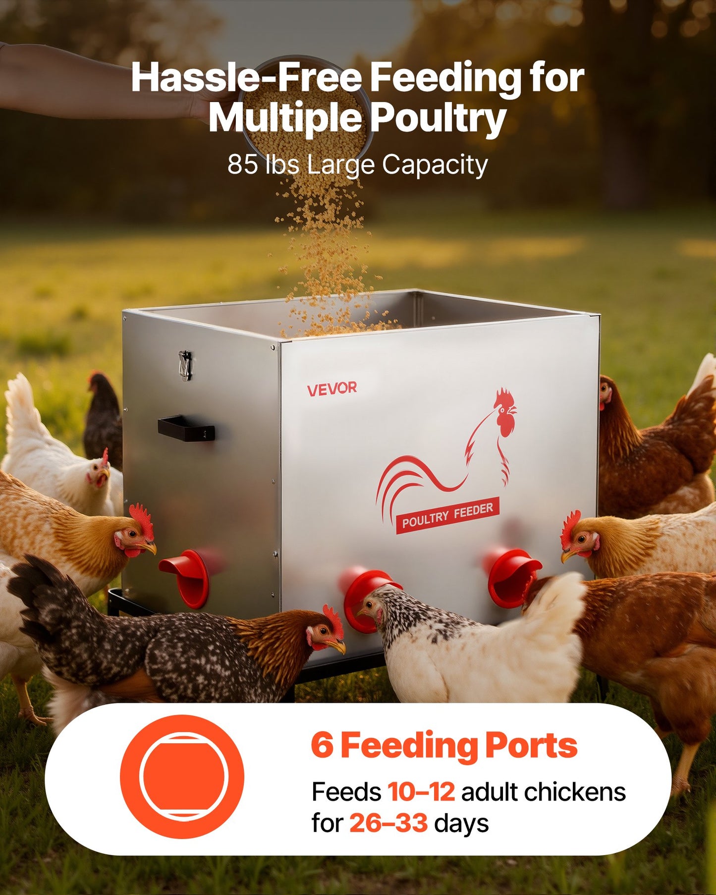 Automatic Chicken Feeder, 38.56 kg Capacity, 6 Feeding Ports No-Waste Poultry Feeder with Built-In Divider, with Latch & Handle, Metal Construction, for Chickens Bantams Pheasants Poultry Coop