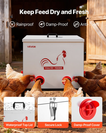 Automatic Chicken Feeder, 38.56 kg Capacity, 6 Feeding Ports No-Waste Poultry Feeder with Built-In Divider, with Latch & Handle, Metal Construction, for Chickens Bantams Pheasants Poultry Coop