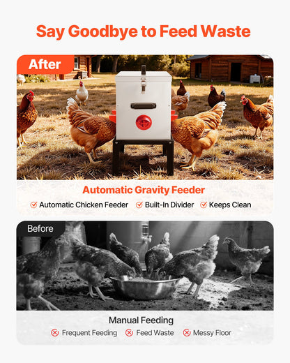 Automatic Chicken Feeder, 38.56 kg Capacity, 6 Feeding Ports No-Waste Poultry Feeder with Built-In Divider, with Latch & Handle, Metal Construction, for Chickens Bantams Pheasants Poultry Coop