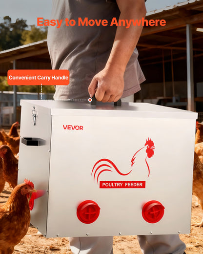 Automatic Chicken Feeder, 38.56 kg Capacity, 6 Feeding Ports No-Waste Poultry Feeder with Built-In Divider, with Latch & Handle, Metal Construction, for Chickens Bantams Pheasants Poultry Coop