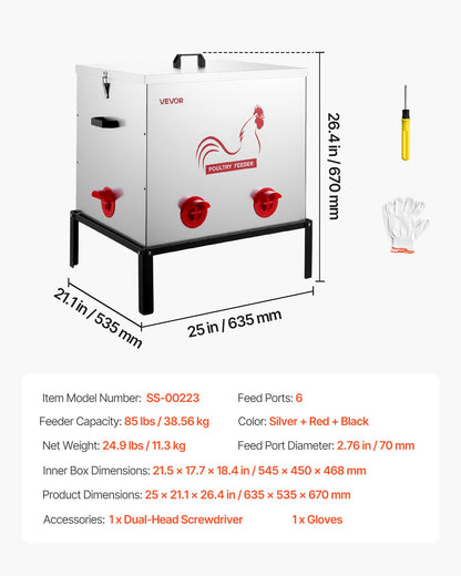 Automatic Chicken Feeder, 38.56 kg Capacity, 6 Feeding Ports No-Waste Poultry Feeder with Built-In Divider, with Latch & Handle, Metal Construction, for Chickens Bantams Pheasants Poultry Coop