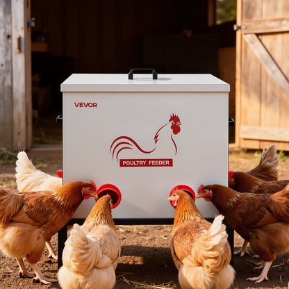 Automatic Chicken Feeder, 38.56 kg Capacity, 6 Feeding Ports No-Waste Poultry Feeder with Built-In Divider, with Latch & Handle, Metal Construction, for Chickens Bantams Pheasants Poultry Coop