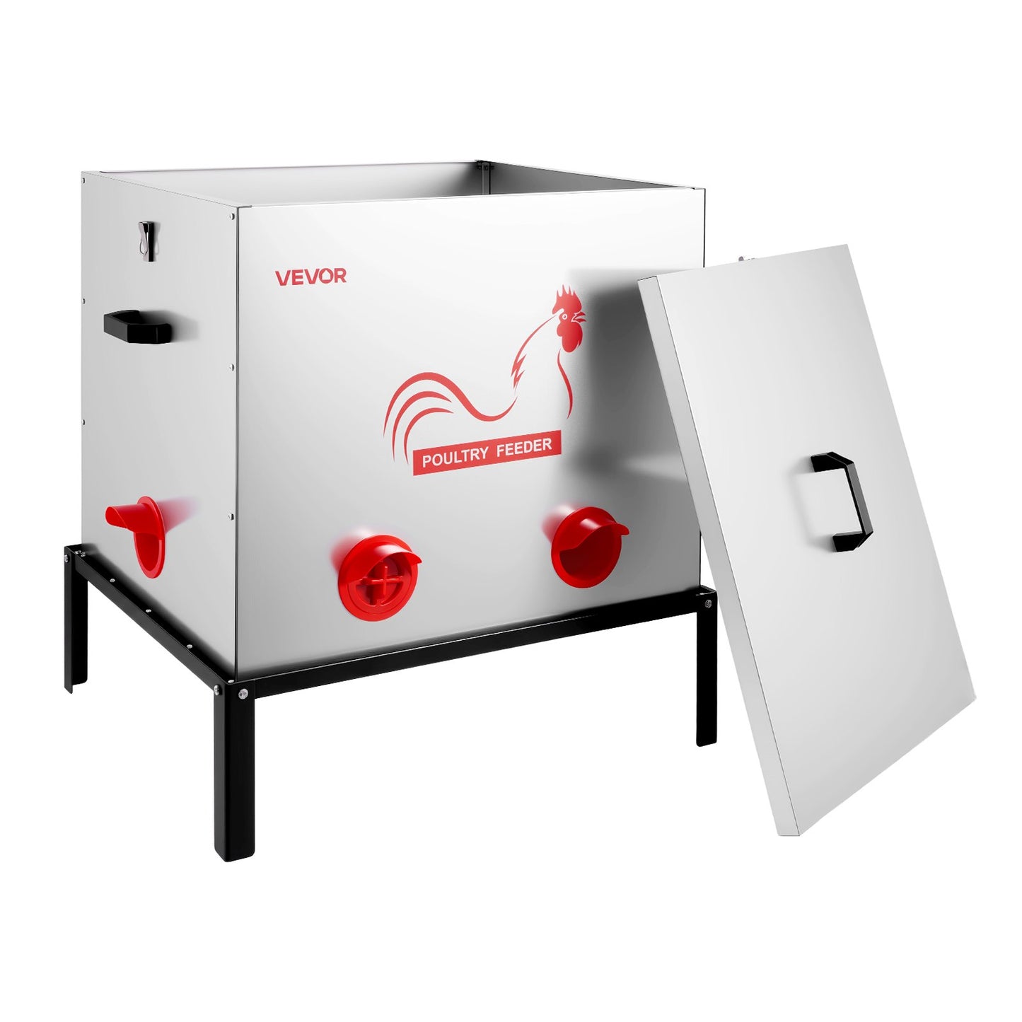 Automatic Chicken Feeder, 38.56 kg Capacity, 6 Feeding Ports No-Waste Poultry Feeder with Built-In Divider, with Latch & Handle, Metal Construction, for Chickens Bantams Pheasants Poultry Coop