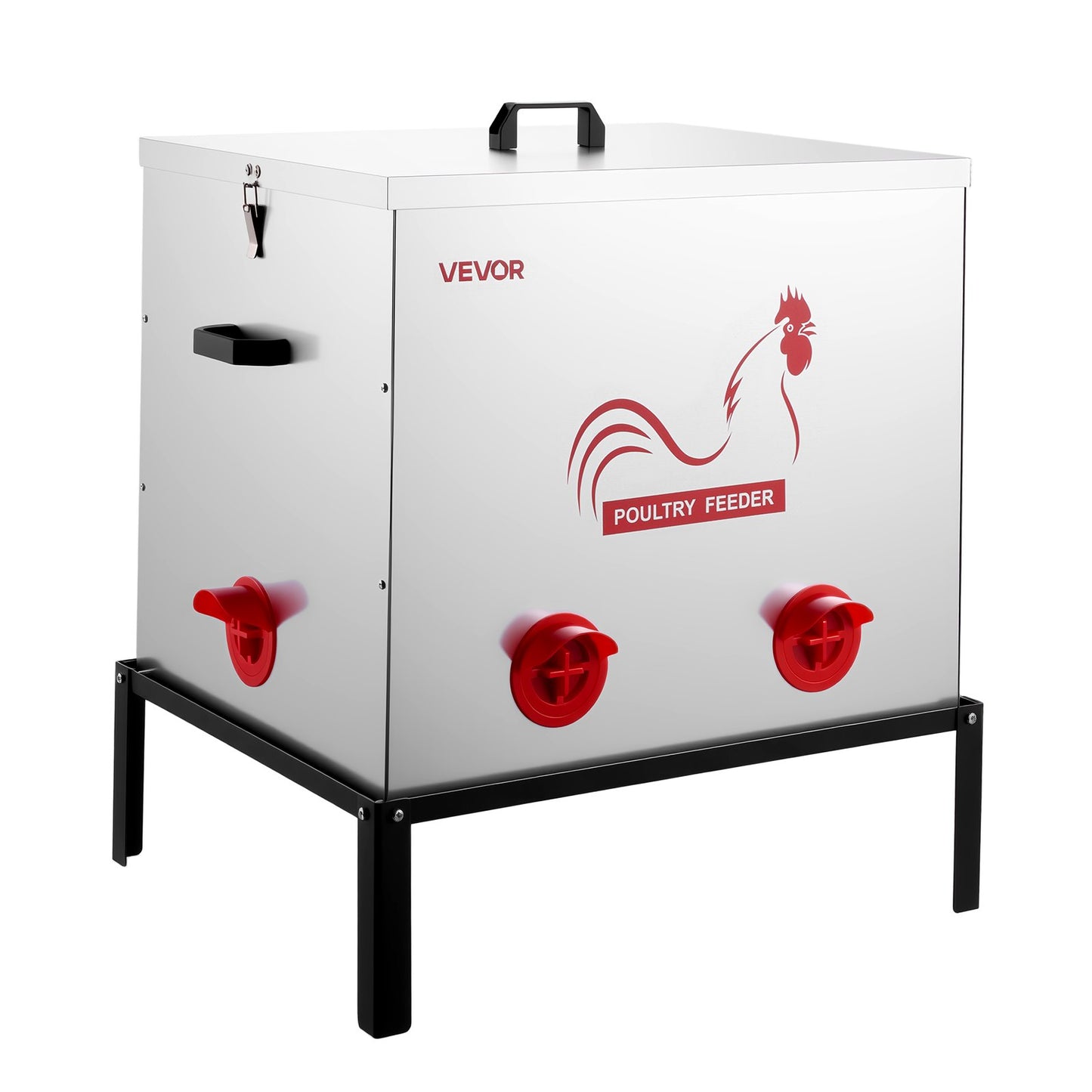 Automatic Chicken Feeder, 38.56 kg Capacity, 6 Feeding Ports No-Waste Poultry Feeder with Built-In Divider, with Latch & Handle, Metal Construction, for Chickens Bantams Pheasants Poultry Coop