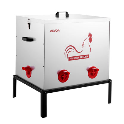 Automatic Chicken Feeder, 38.56 kg Capacity, 6 Feeding Ports No-Waste Poultry Feeder with Built-In Divider, with Latch & Handle, Metal Construction, for Chickens Bantams Pheasants Poultry Coop