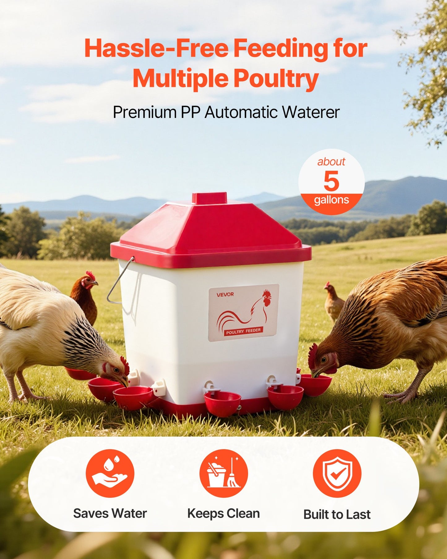 19L Automatic Chicken Waterer, 6 Water Ports, Automatic-Fill Water Cup, Automatic Gravity Waterer with Convenient Handle Sealed Rubber Ring, Waterproof PP Material, No Waste Design, for Chicken