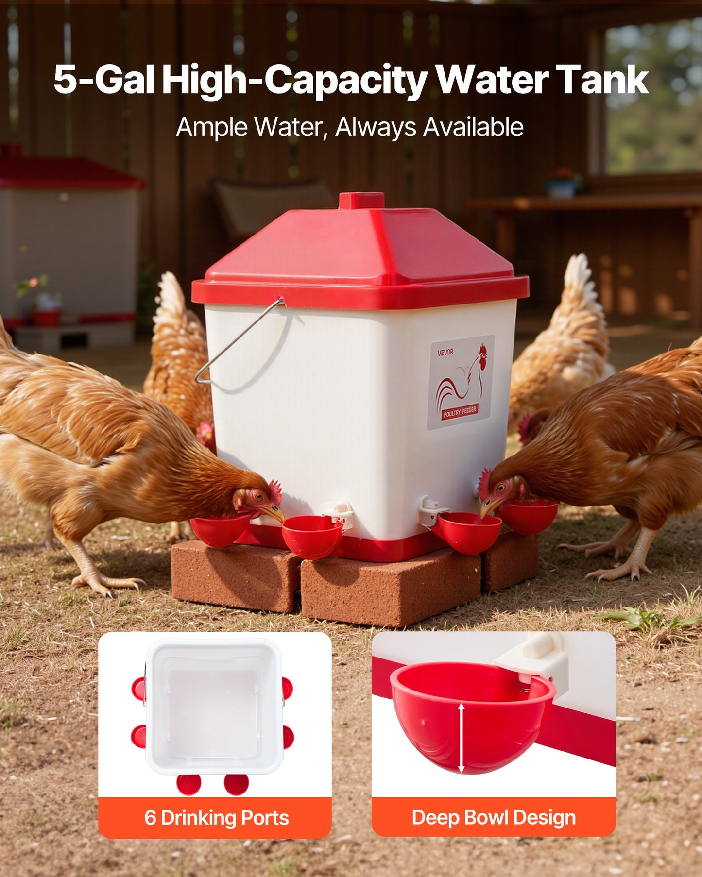 19L Automatic Chicken Waterer, 6 Water Ports, Automatic-Fill Water Cup, Automatic Gravity Waterer with Convenient Handle Sealed Rubber Ring, Waterproof PP Material, No Waste Design, for Chicken