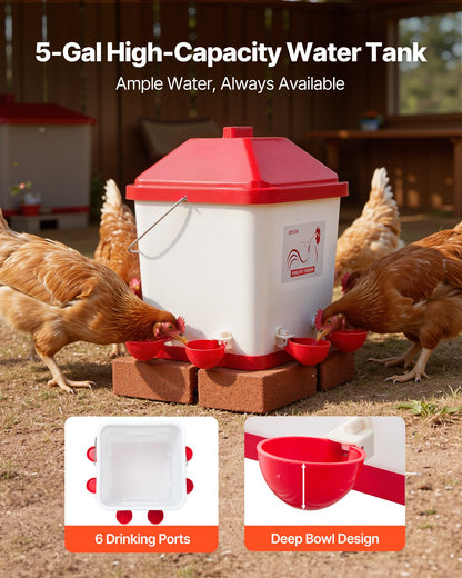 19L Automatic Chicken Waterer, 6 Water Ports, Automatic-Fill Water Cup, Automatic Gravity Waterer with Convenient Handle Sealed Rubber Ring, Waterproof PP Material, No Waste Design, for Chicken