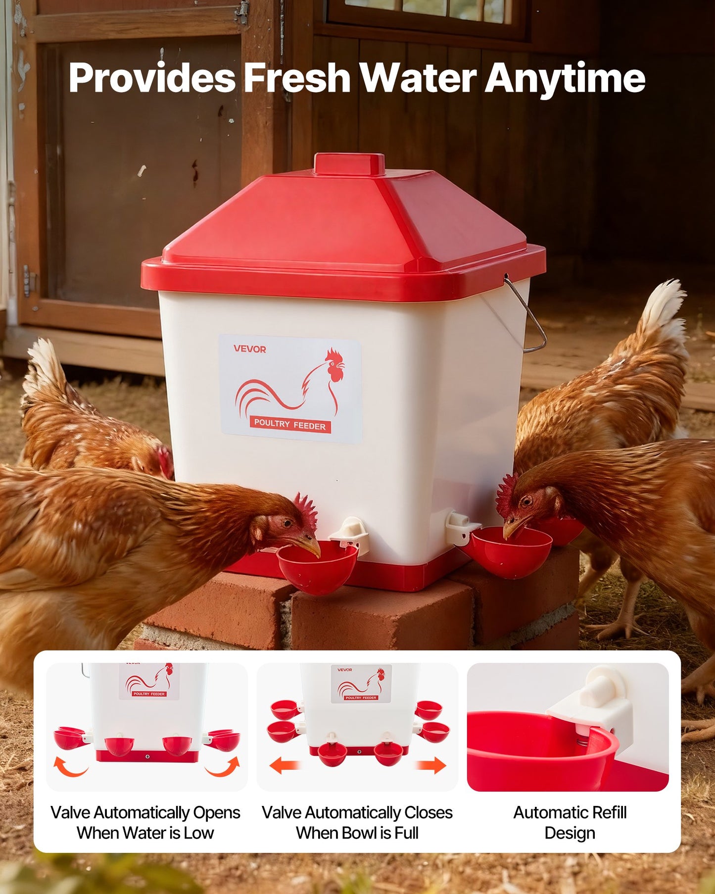 19L Automatic Chicken Waterer, 6 Water Ports, Automatic-Fill Water Cup, Automatic Gravity Waterer with Convenient Handle Sealed Rubber Ring, Waterproof PP Material, No Waste Design, for Chicken