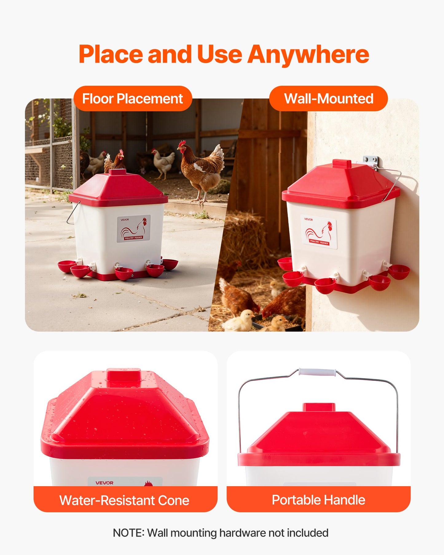19L Automatic Chicken Waterer, 6 Water Ports, Automatic-Fill Water Cup, Automatic Gravity Waterer with Convenient Handle Sealed Rubber Ring, Waterproof PP Material, No Waste Design, for Chicken
